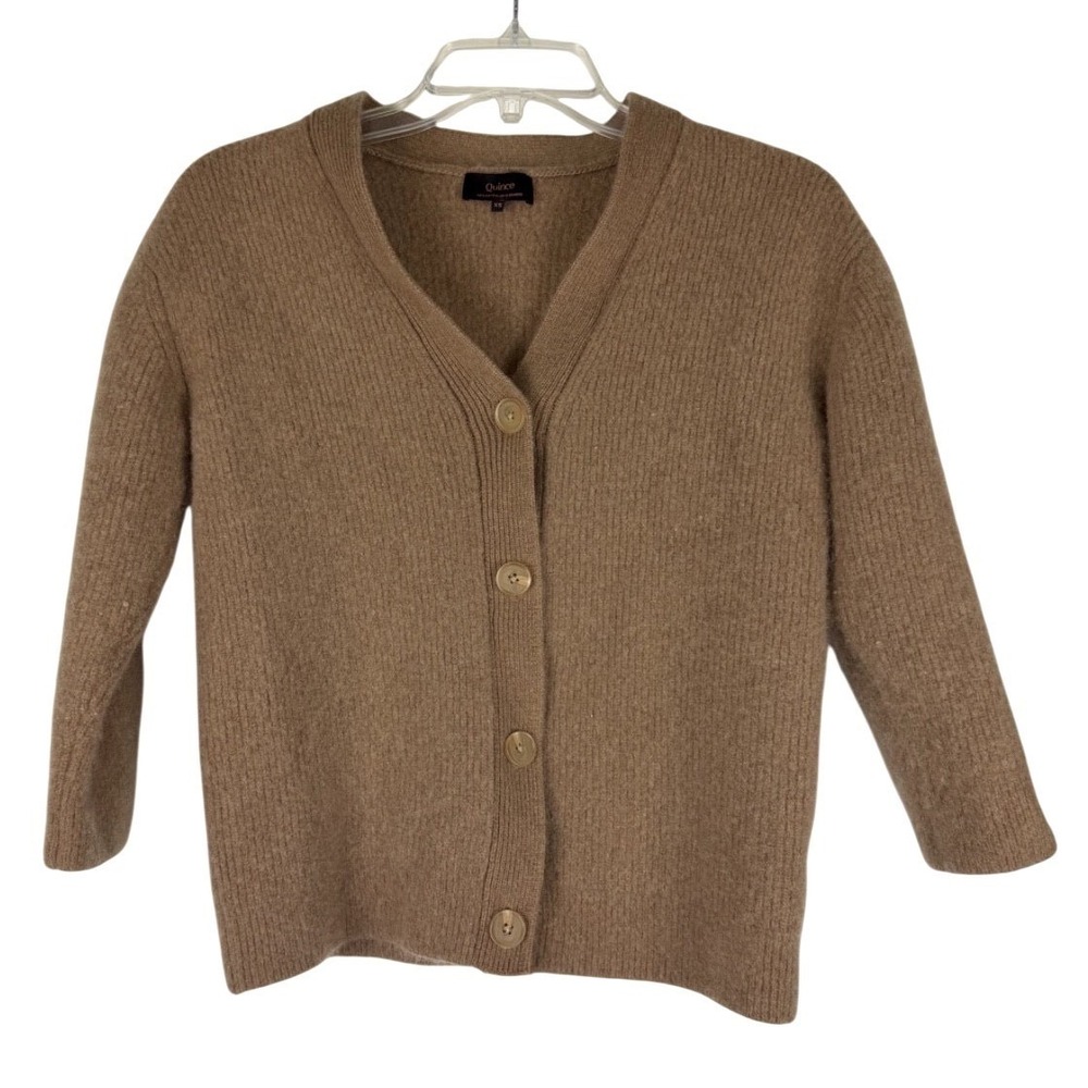 Quince Women Mongolian Cashmere Structured V-Neck Cardigan Brown 3/4 Sleeved XS